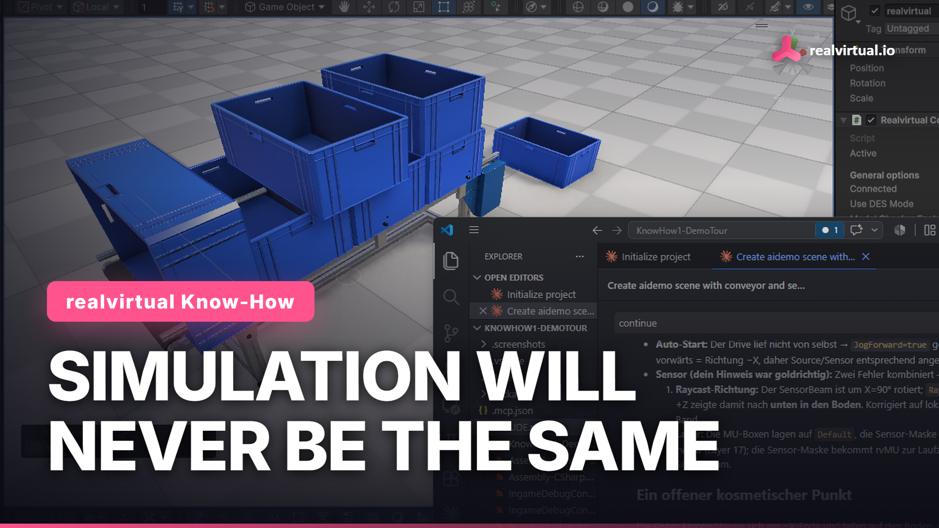 An AI agent controls a live digital twin in Unity through the free, open-source realvirtual MCP Server: a conveyor moving parts on the left, the AI agent chat on the right.