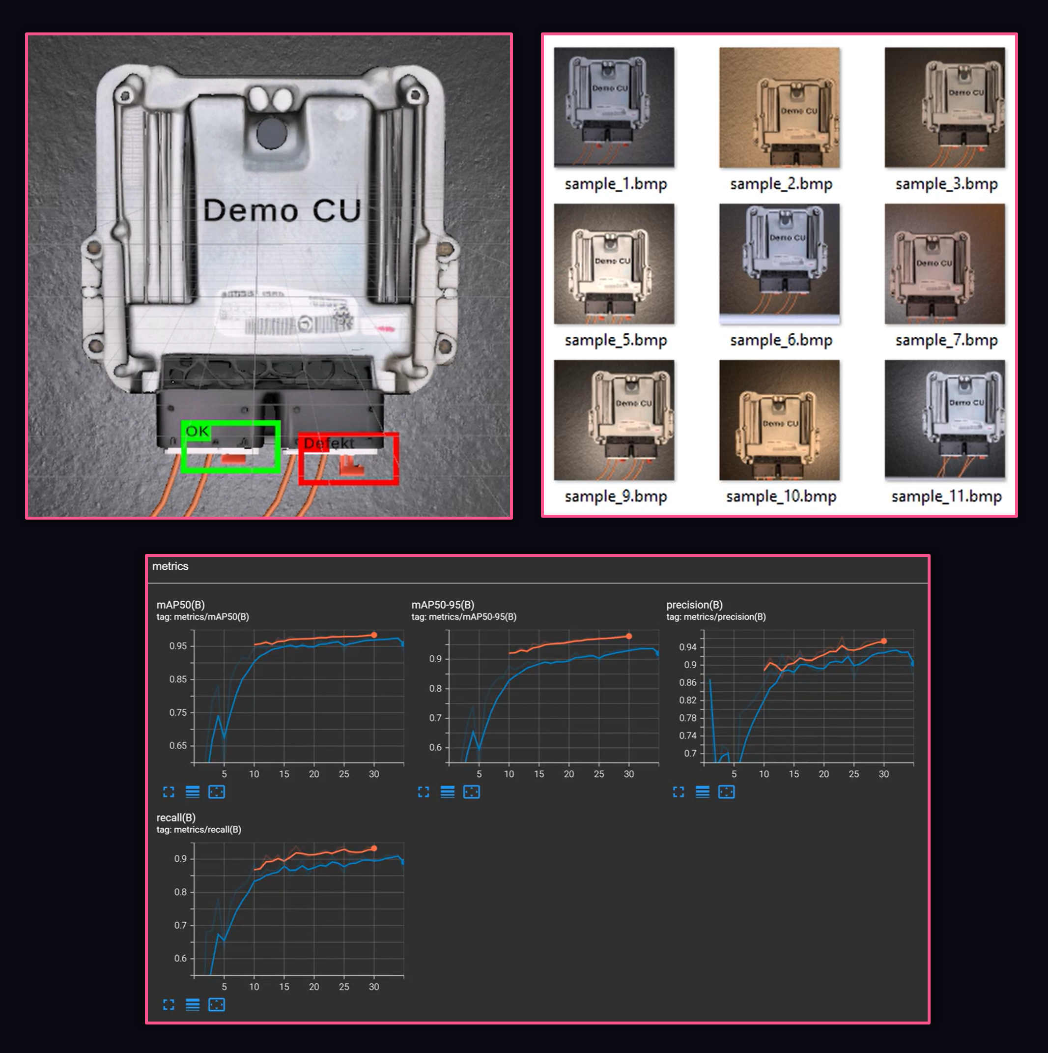 Industrial vision AI: object detection with bounding boxes, training samples, and precision-recall metrics