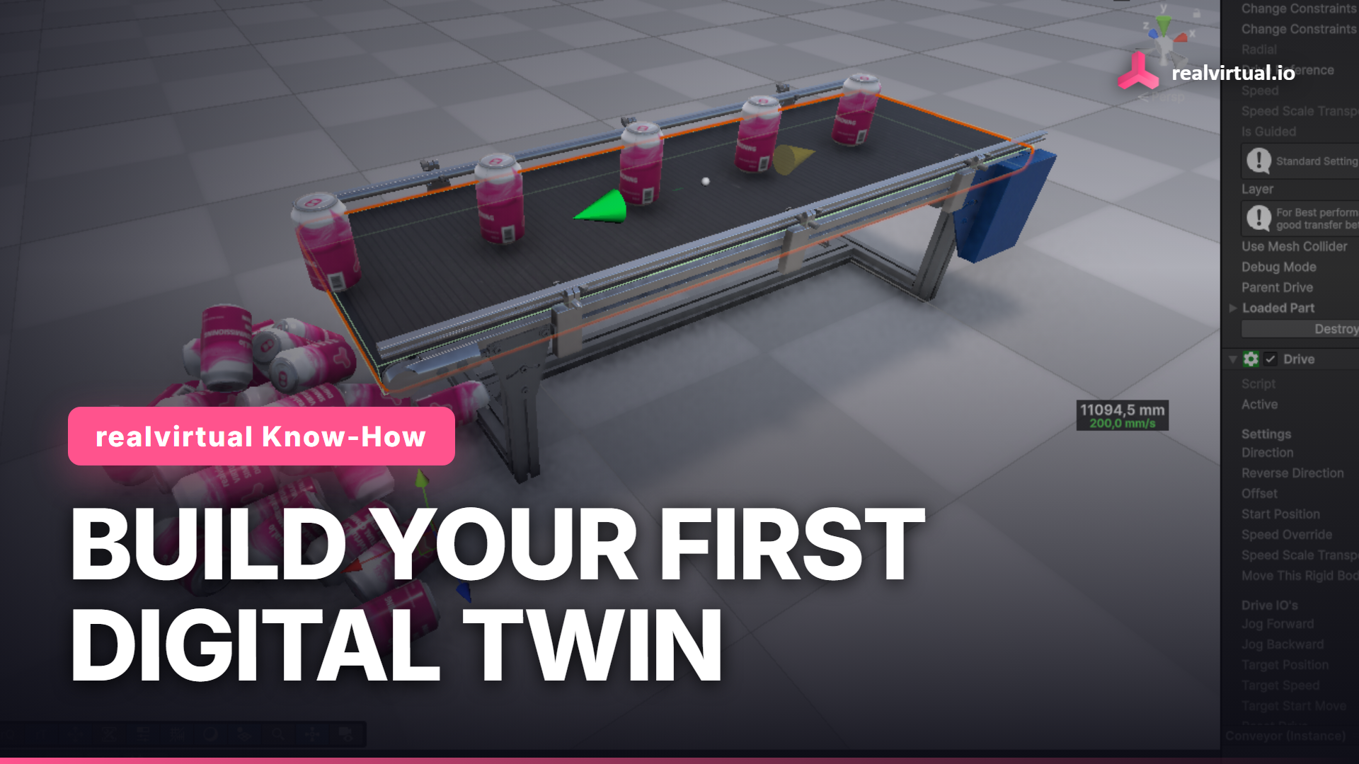 Build your first digital twin in Unity: take a conveyor FBX from CAD, add materials, a Transport Surface, a Drive and a Source, and watch it move parts with the free realvirtual.io Starter