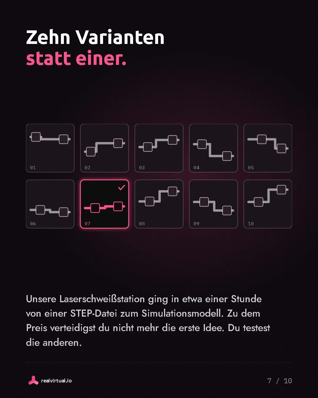 Zehn Varianten statt einer. Unsere Laserschweißstation ging in etwa einer Stunde von einer STEP-Datei zum Simulationsmodell. Zu dem Preis verteidigst du nicht mehr die erste Idee. Du testest die anderen. Zehn kleine Layoutvarianten nebeneinander, eine davon ausgewählt.