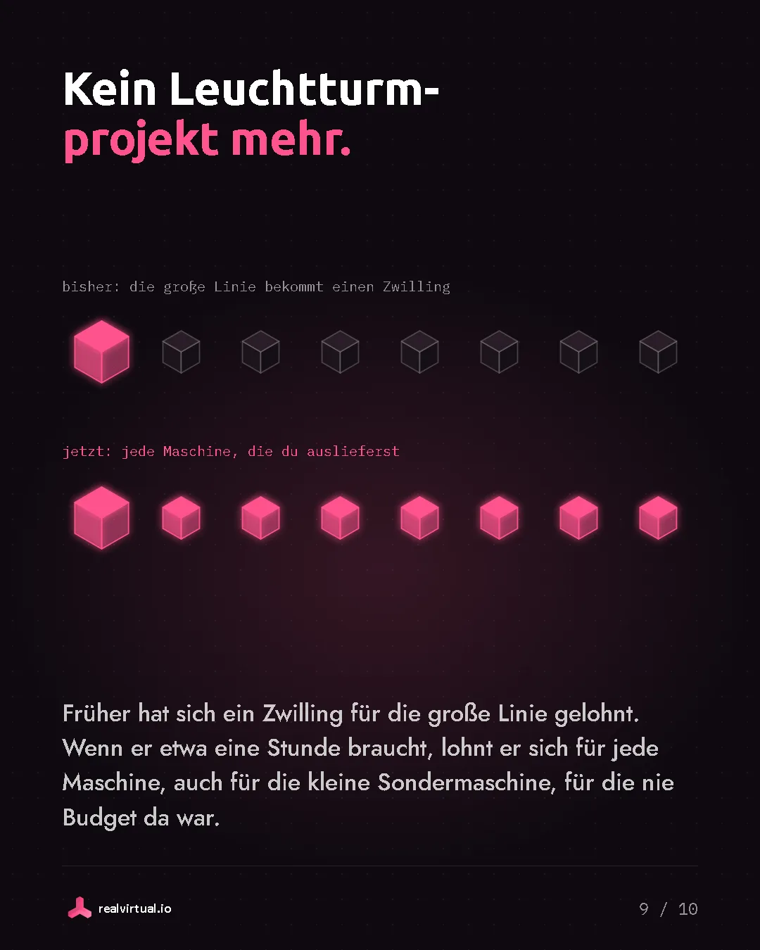 Kein Leuchtturmprojekt mehr. Früher hat sich ein Zwilling für die große Linie gelohnt. Wenn er etwa eine Stunde braucht, lohnt er sich für jede Maschine, auch für die kleine Sondermaschine, für die nie Budget da war. Bisher: nur die große Linie bekommt einen Zwilling. Jetzt: jede Maschine, die du auslieferst.