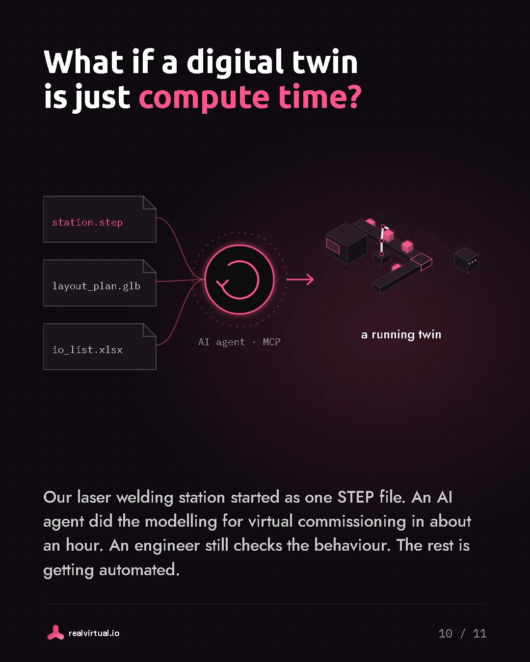 What if a digital twin is just compute time? Our laser welding station started as one STEP file. An AI agent did the modelling for virtual commissioning in about an hour. An engineer still checks the behaviour. The rest is getting automated. A STEP file, a layout plan and an IO list go to an AI agent over MCP, and a running twin comes out.