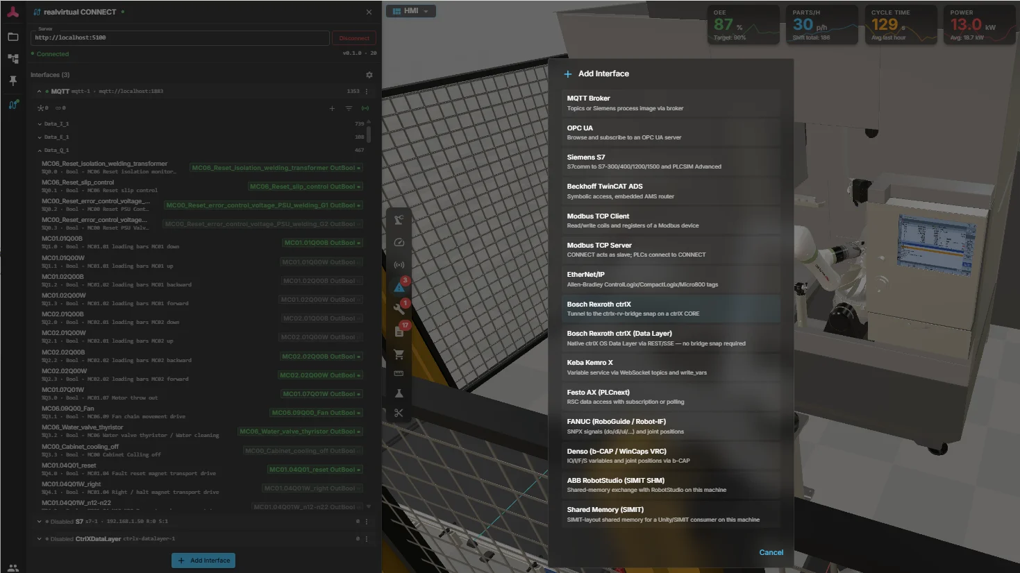 ブラウザ内のrealvirtual CONNECT:Siemens S7からFANUCまでのネイティブプロトコルドライバーを並べたAdd Interfaceダイアログ、隣にはOEEダッシュボード付きのライブ3D HMI