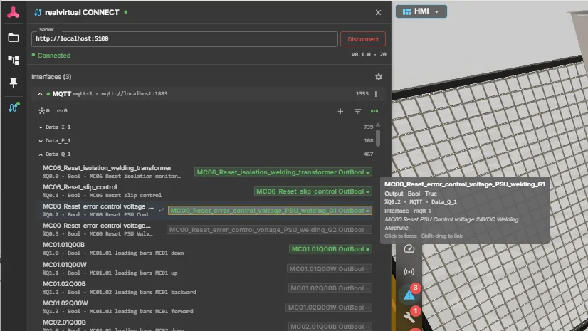 realvirtual CONNECTの信号モニタリング:1,353のライブ信号を持つMQTTインターフェース、それぞれがブラウザの3Dシーンにマッピング済み