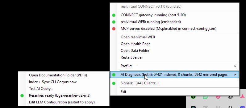 realvirtual CONNECTのトレイメニュー:ゲートウェイ稼働中、内蔵realvirtual WEB、AI診断インデックス、1,344のライブ信号