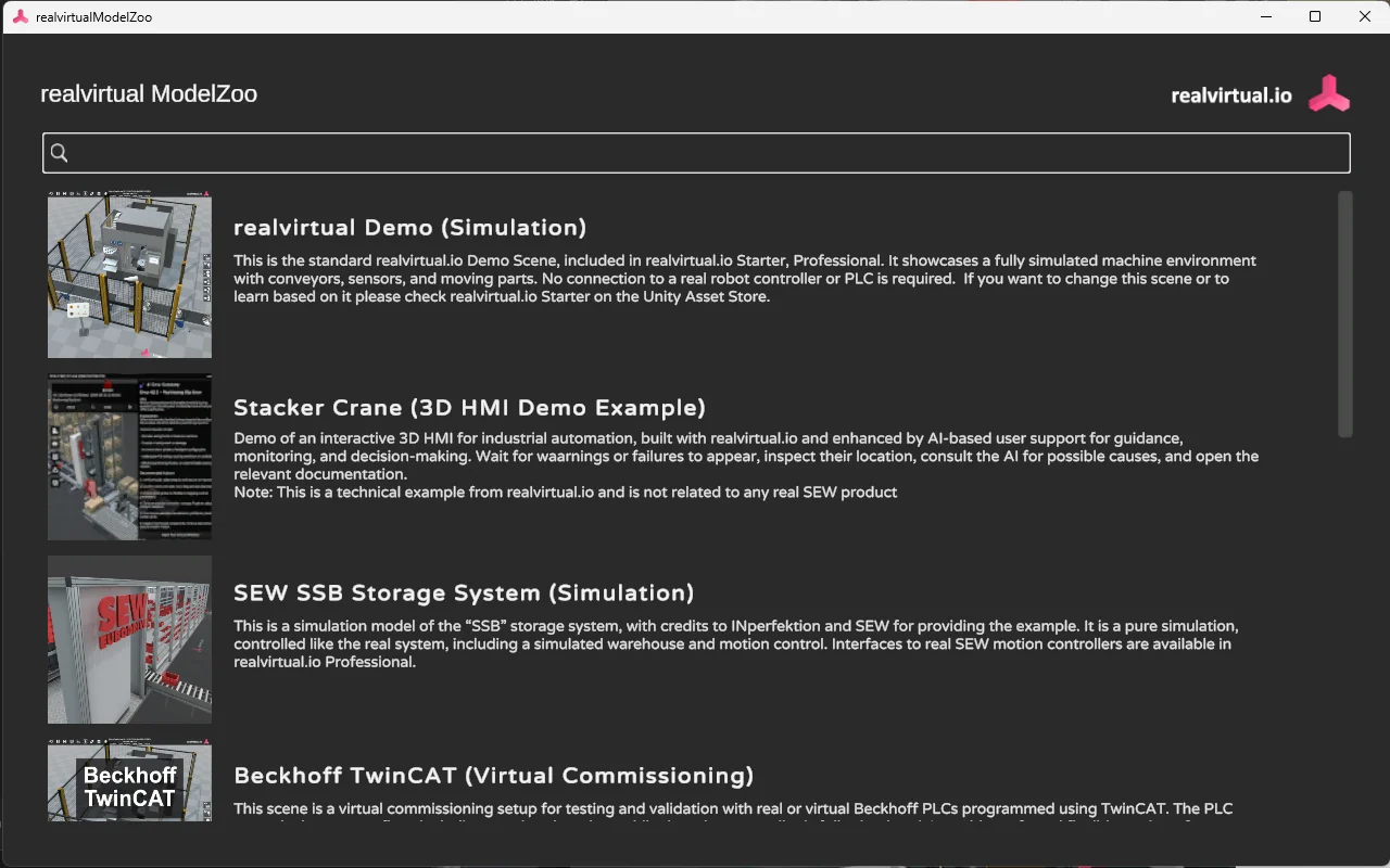 The realvirtual ModelZoo launcher: ready-made simulation models like the demo cell, stacker crane 3D HMI, SEW storage system, and Beckhoff TwinCAT setup