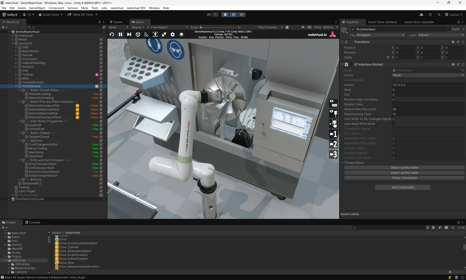 The Starter demo cell in the Unity Editor: conveyor, sensors and drives ready to simulate