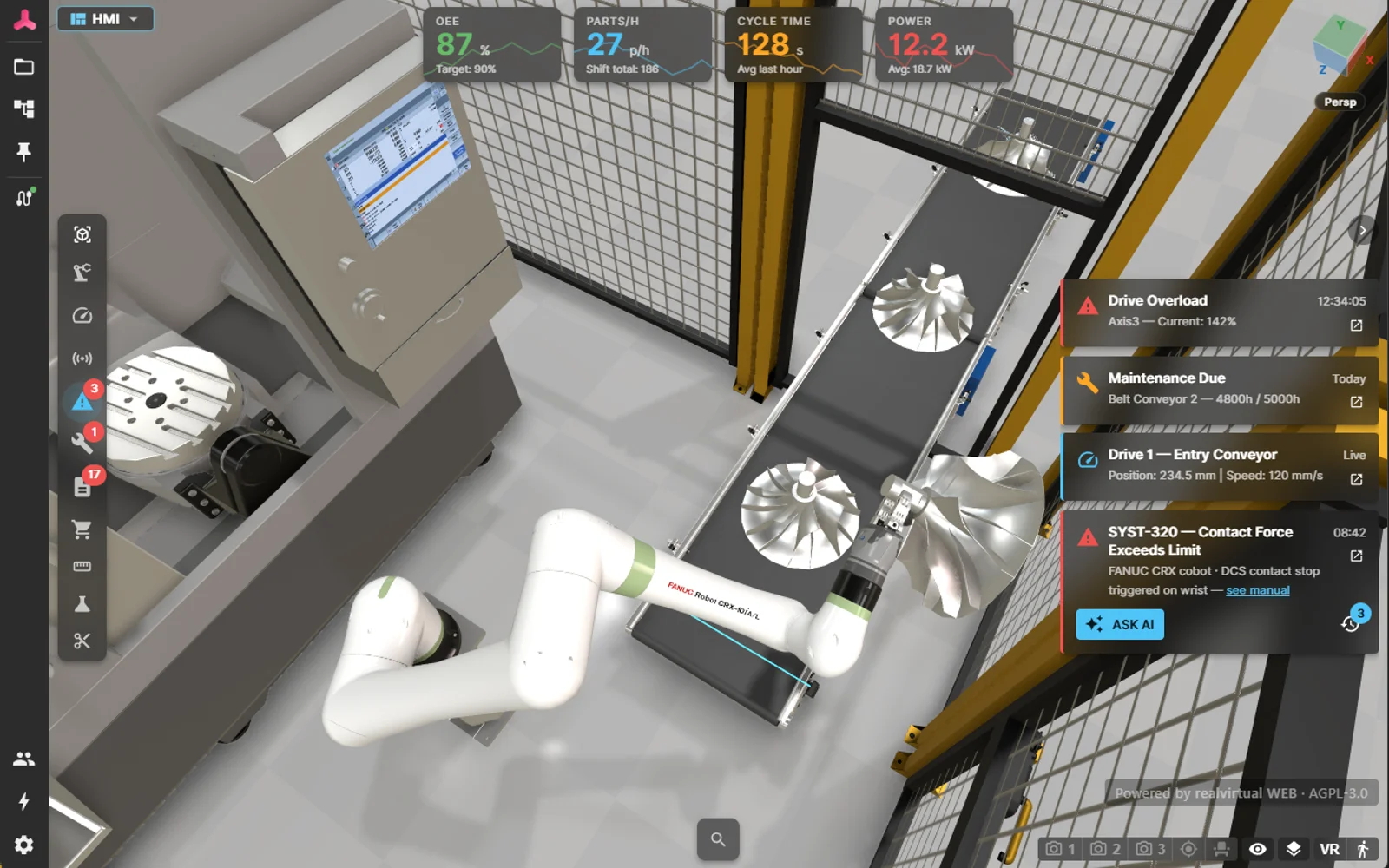 realvirtual WEB demo in the browser: FANUC cobot cell with live OEE, cycle time and power KPIs, alarm list and AI assistant