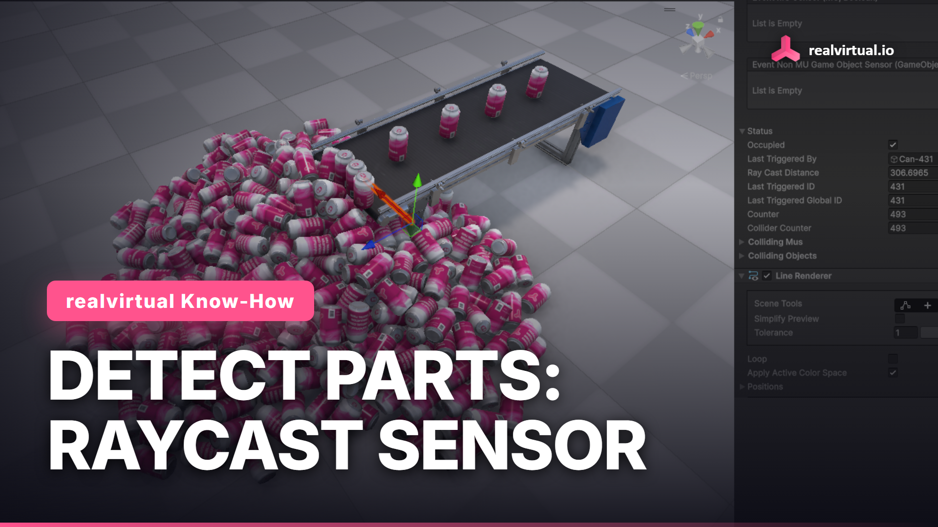 Detect parts with a raycast sensor in Unity: no collider needed, just a direction and length, with layers and a collision matrix keeping it from false triggers
