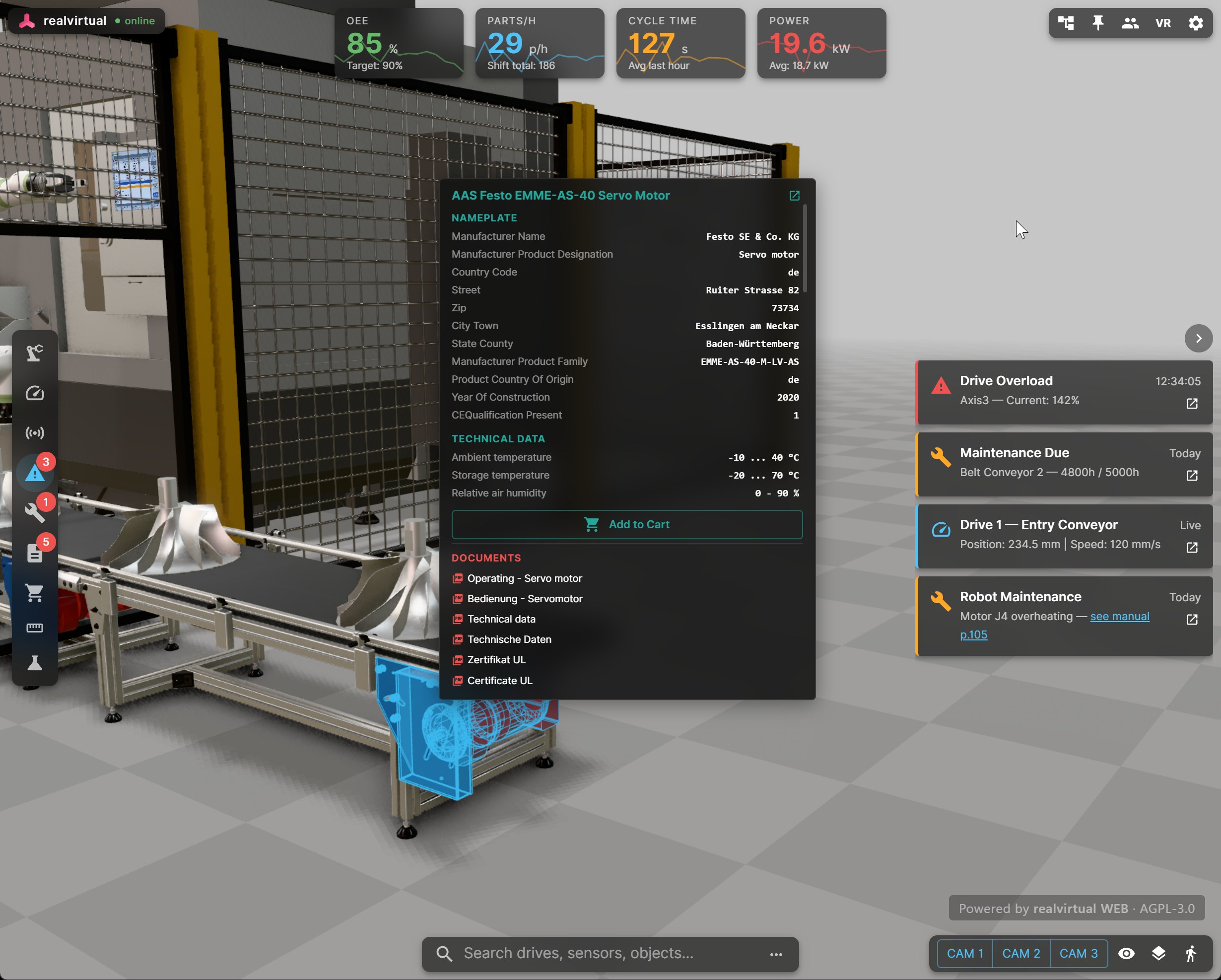 realvirtual WEB showing AAS submodel data — Festo EMME-AS-40 servo motor nameplate, technical data, and documents resolved against a live 3D machine scene
