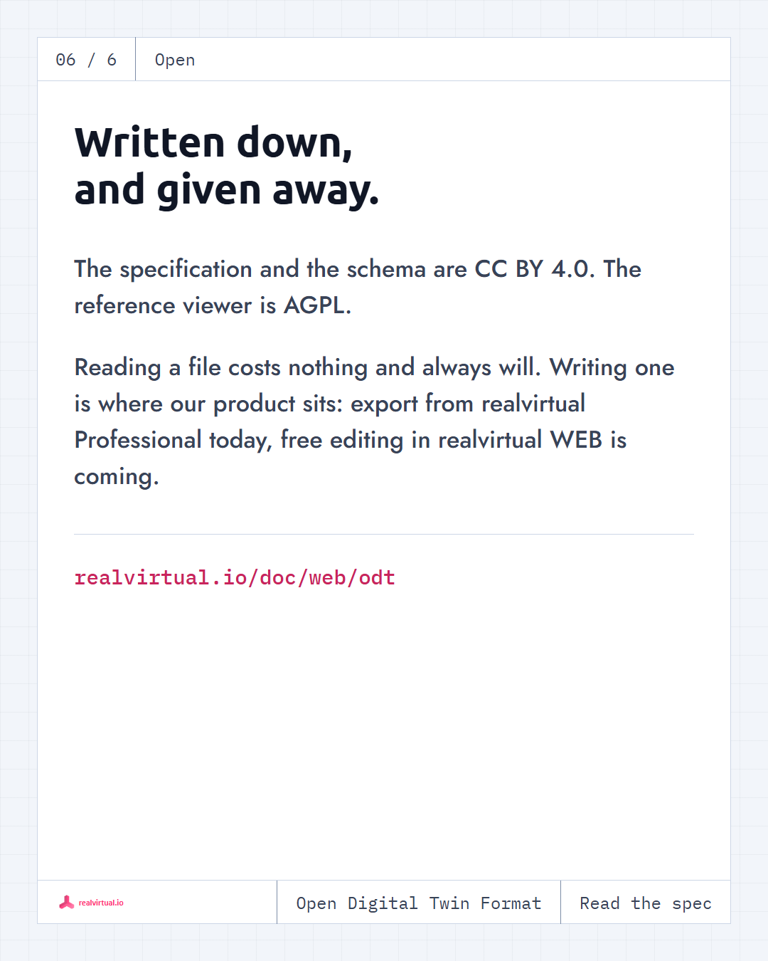 Written down and given away: the rv-ODT specification and schema are CC BY 4.0, the reference viewer is AGPL, and reading a file costs nothing.