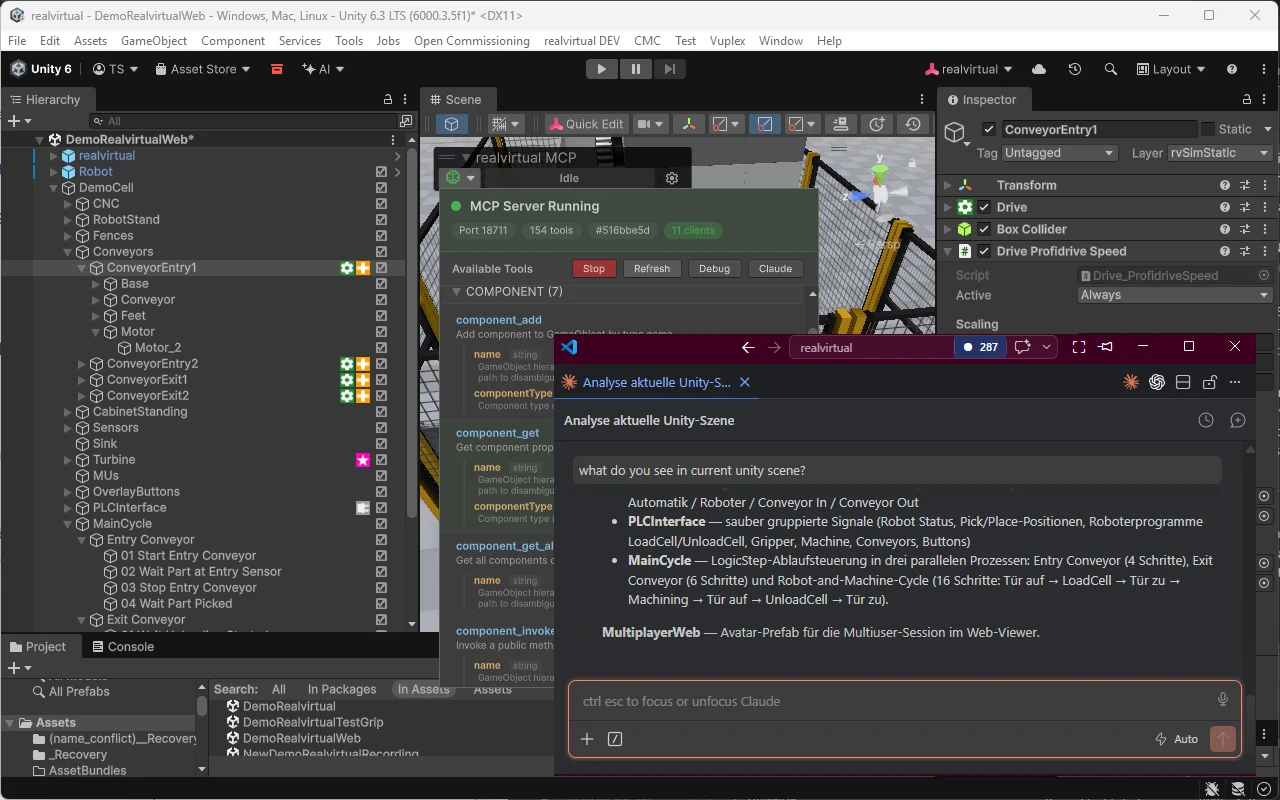 Der realvirtual MCP-Server läuft im Unity Editor mit 154 Tools, während Claude die aktuelle Szene analysiert: SPS-Signale, LogicSteps-Hauptzyklus und Förderbänder