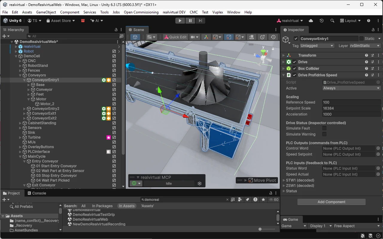 Unity Inspector에서 컨베이어 드라이브의 Drive Profidrive Speed 거동: 제어 워드, 속도 설정값, 디코딩된 STW1/ZSW1 상태 워드