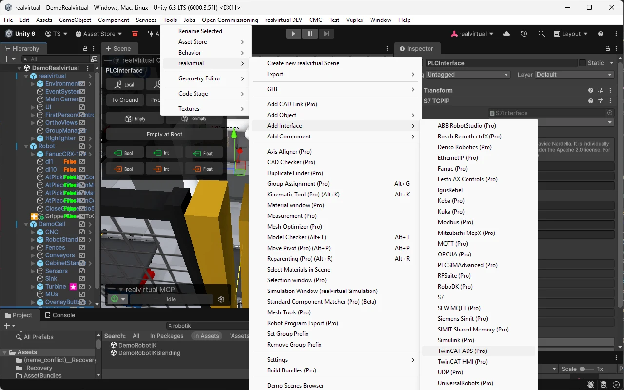 Unity Editor의 Add Interface 메뉴: ABB RobotStudio, Bosch ctrlX, Denso, EtherNet/IP, Fanuc, Festo, Keba, KUKA, Modbus, MQTT, OPC UA, PLCSim Advanced, RoboDK, S7, SEW, SIMIT, Simulink, TwinCAT 등