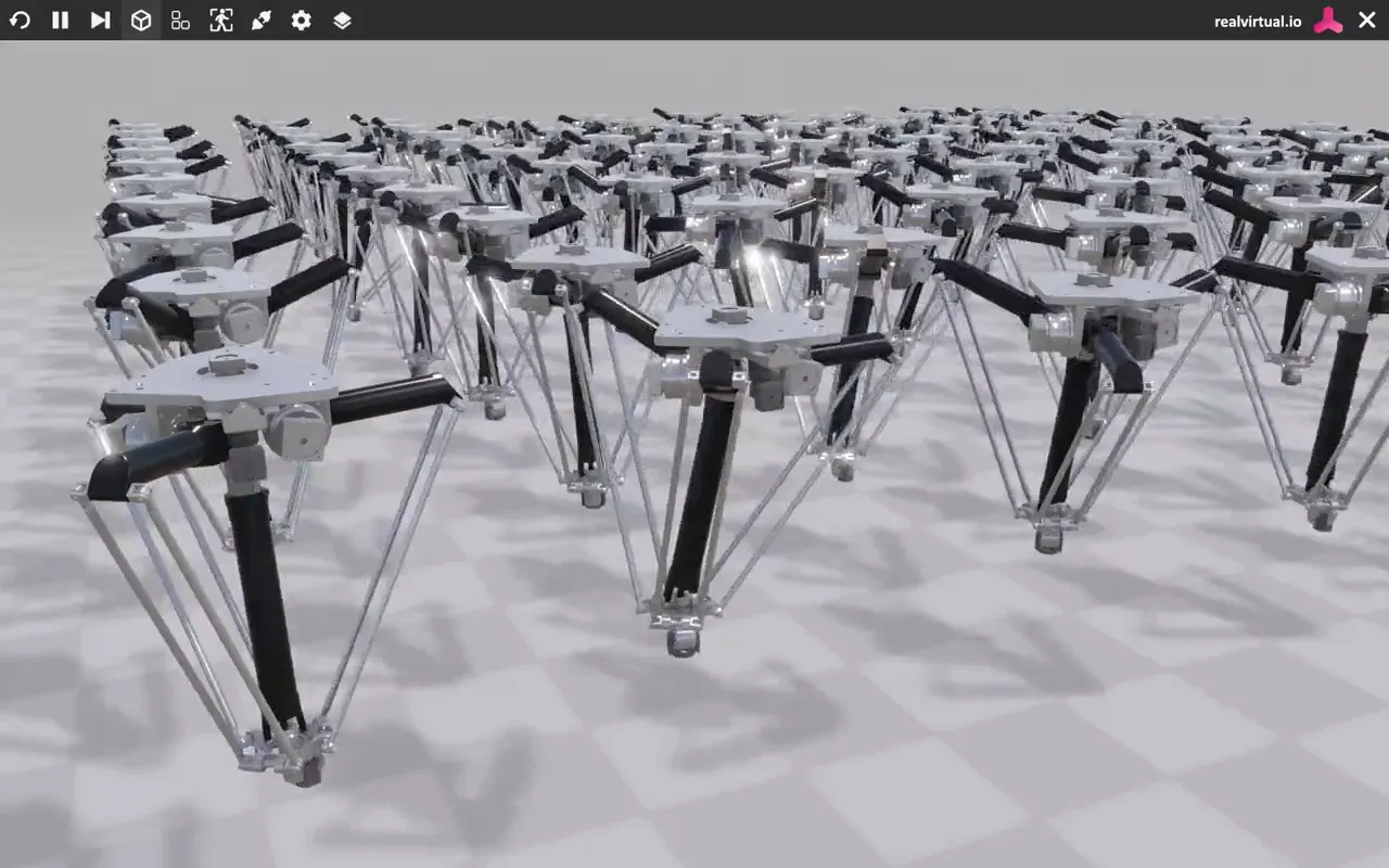Kinematic Joints lösen geschlossene Ketten auf einem Feld von Delta-Robotern – rein geometrisch, deterministisch, ohne Physik-Engine.