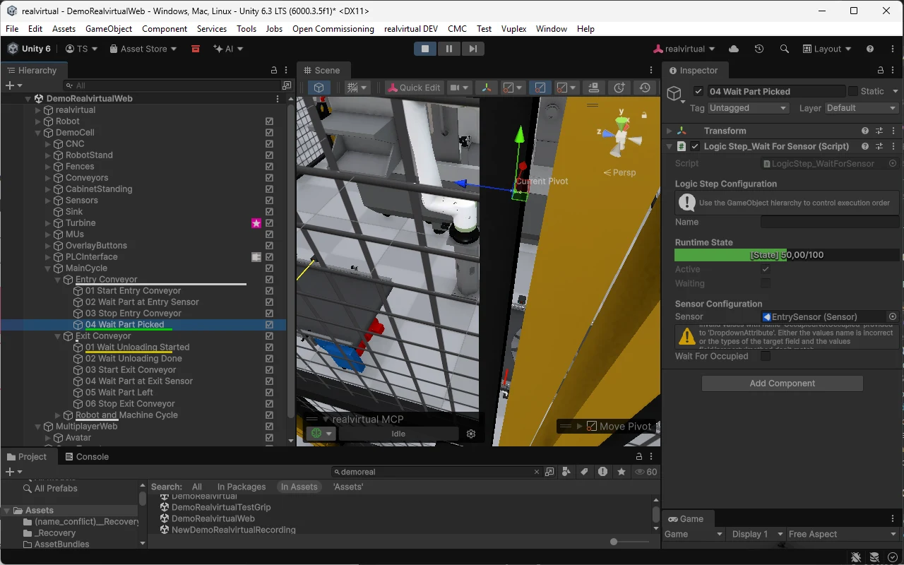Unity Editor의 LogicSteps 시퀀스: Start Entry Conveyor, Wait Part at Entry Sensor 같은 번호가 매겨진 스텝과 Inspector에 구성된 Wait For Sensor 스텝