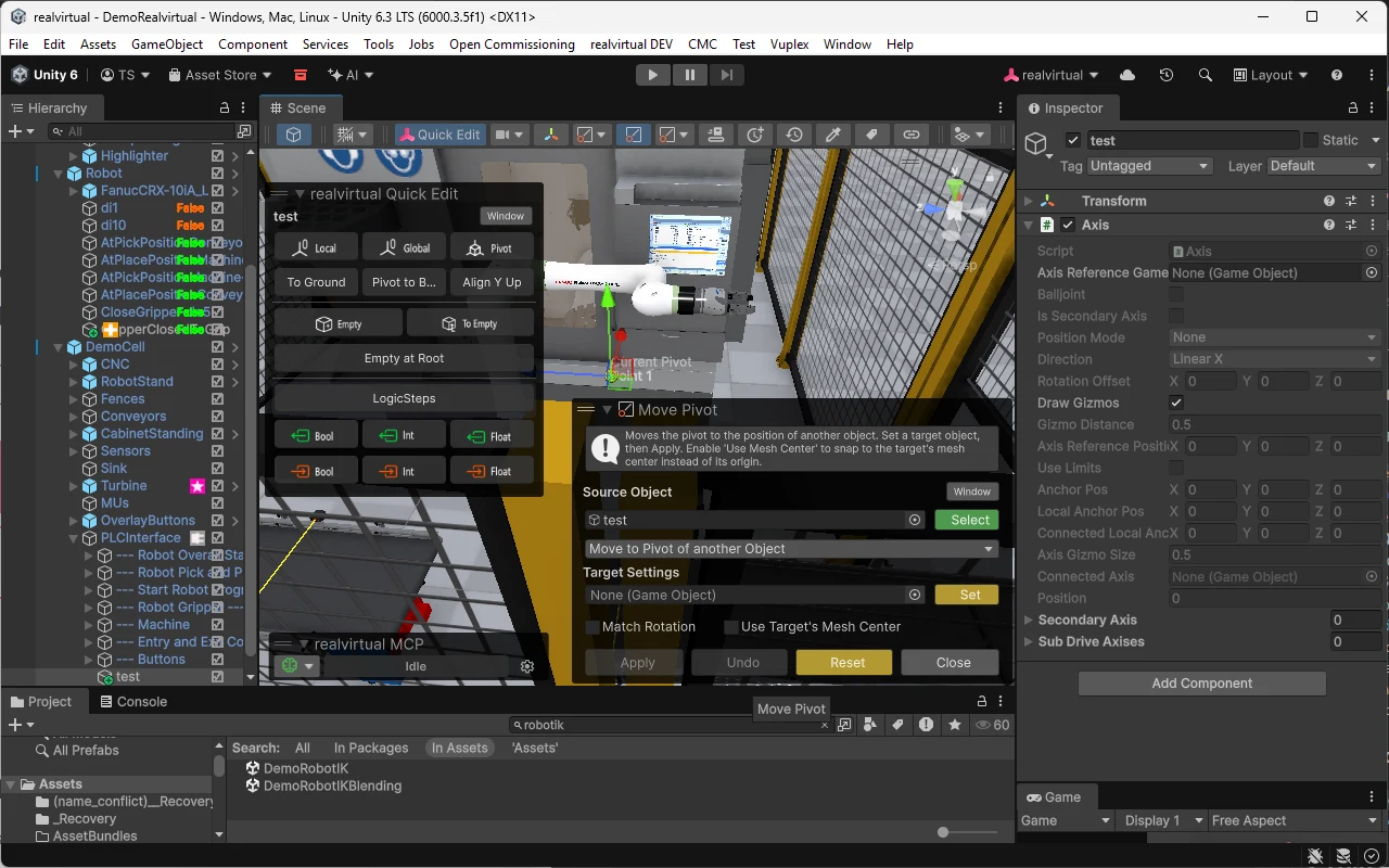Unity의 realvirtual 에디터 확장: 피벗·정렬·신호 도구를 갖춘 Quick Edit 오버레이와 로봇 셀 위의 Move Pivot 대화상자