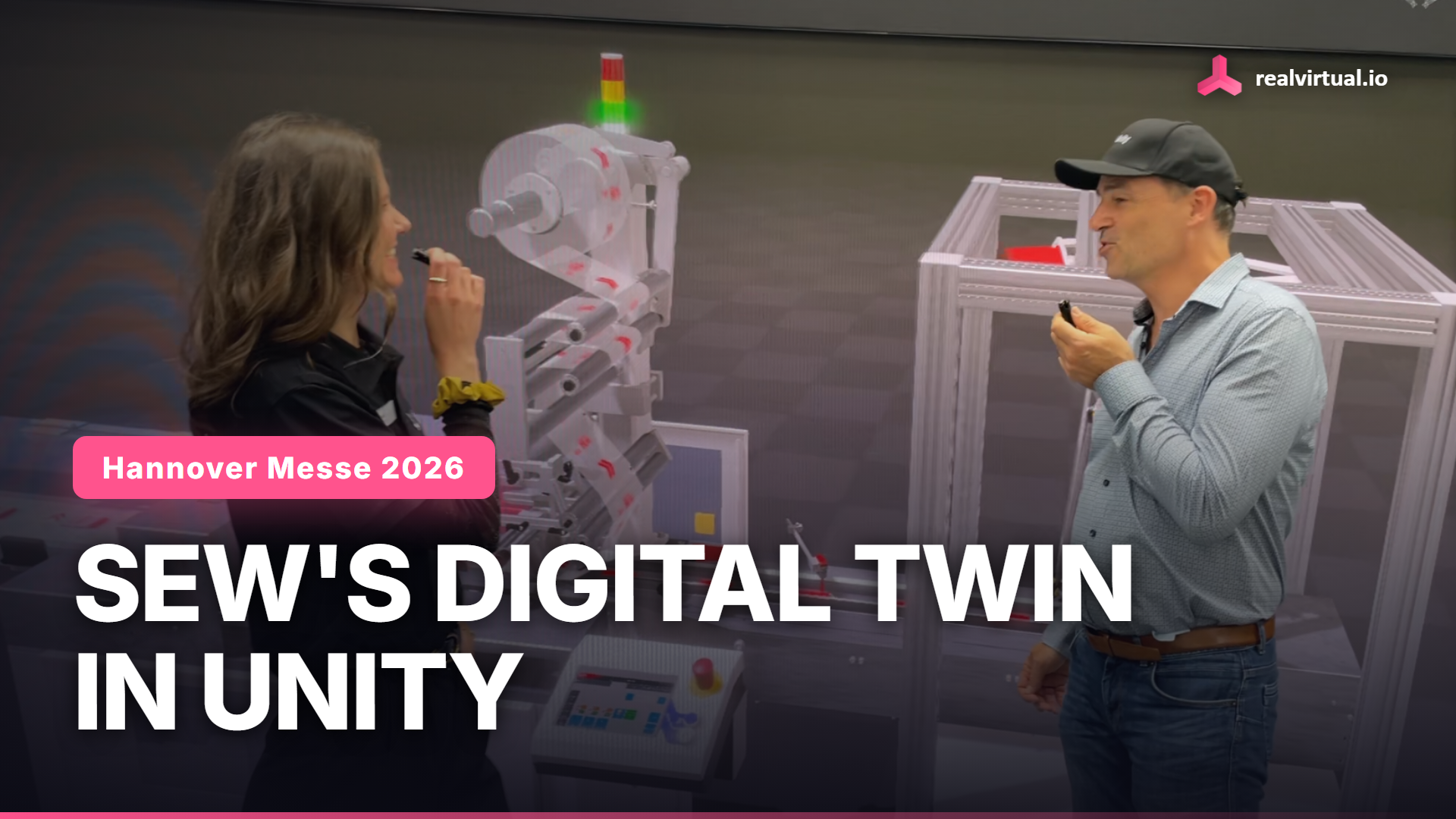 The same SEW-EURODRIVE digital twin used for virtual commissioning in Unity, later running as a live showroom demo on CMC Engineers' large-format 3D wall at Hannover Messe 2026.