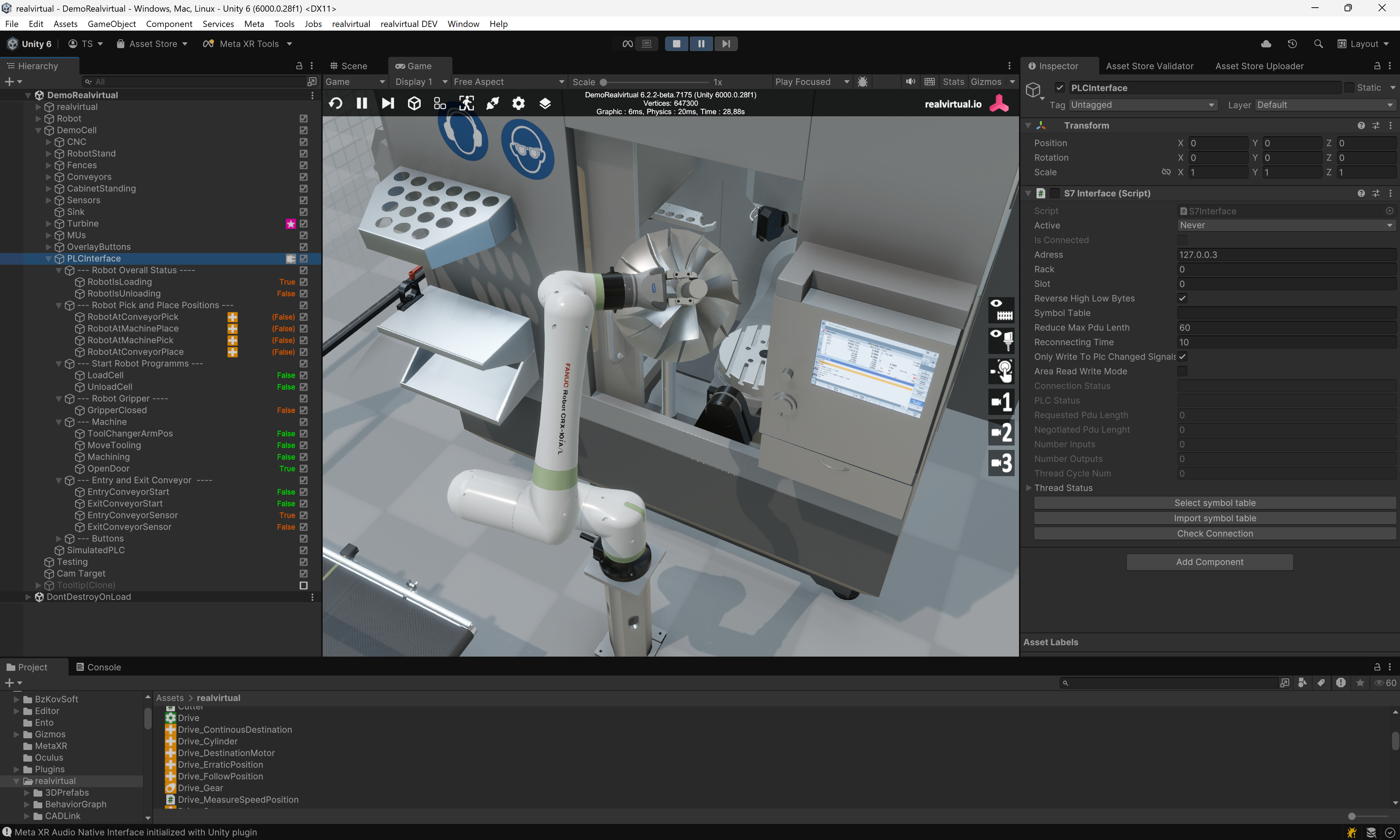 Virtual commissioning with real PLC connection to a digital twin in Unity Editor