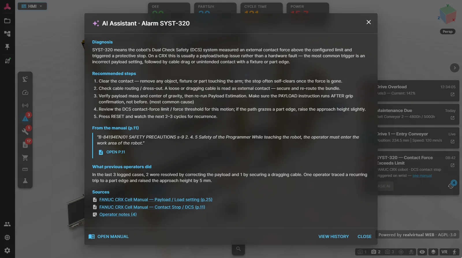 AI assistant in realvirtual WEB diagnosing a machine alarm: the agent reads live signals and answers in plain language
