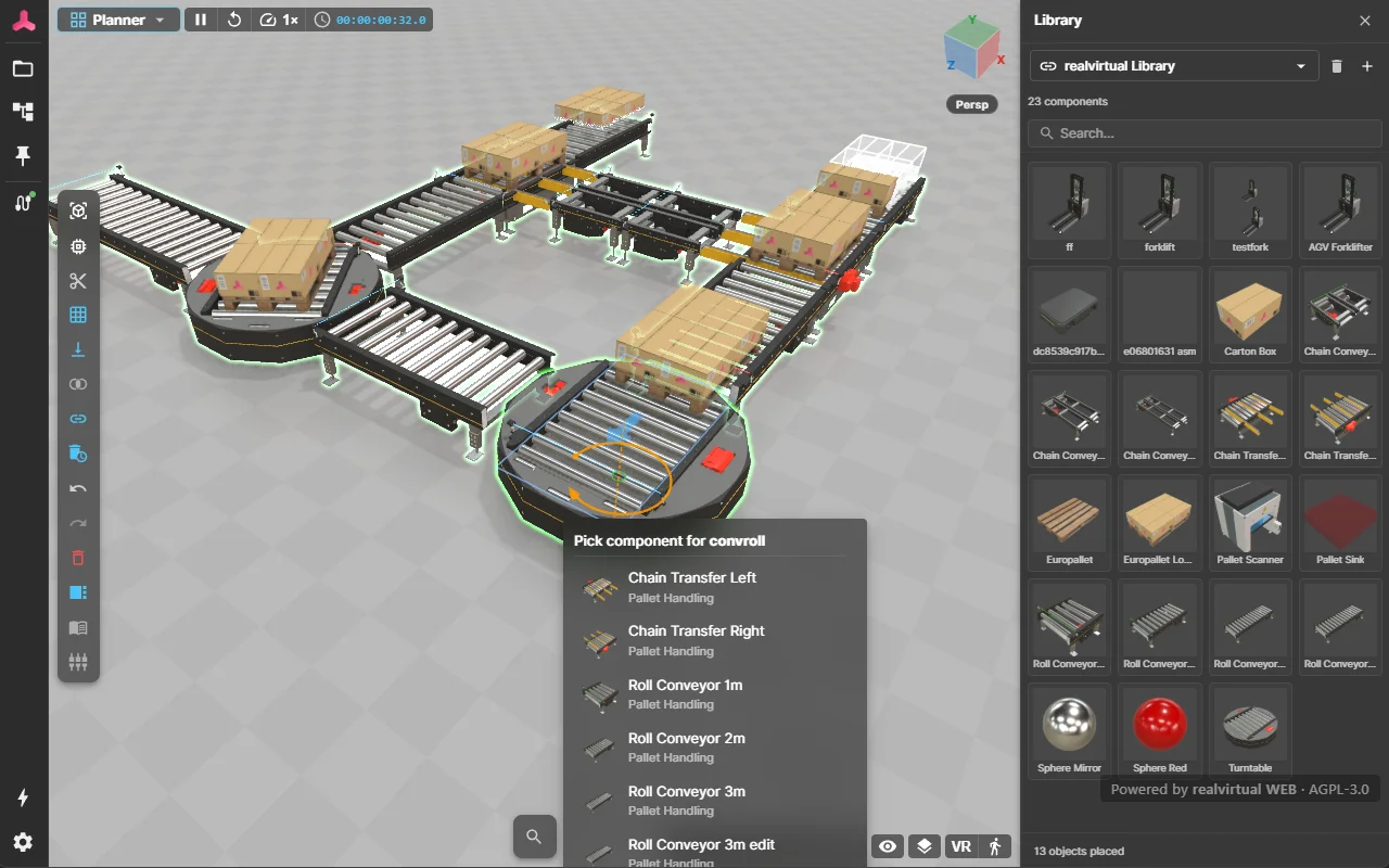 Layout planning in realvirtual WEB: conveyor and pallet-handling components from the library, placed directly in the browser