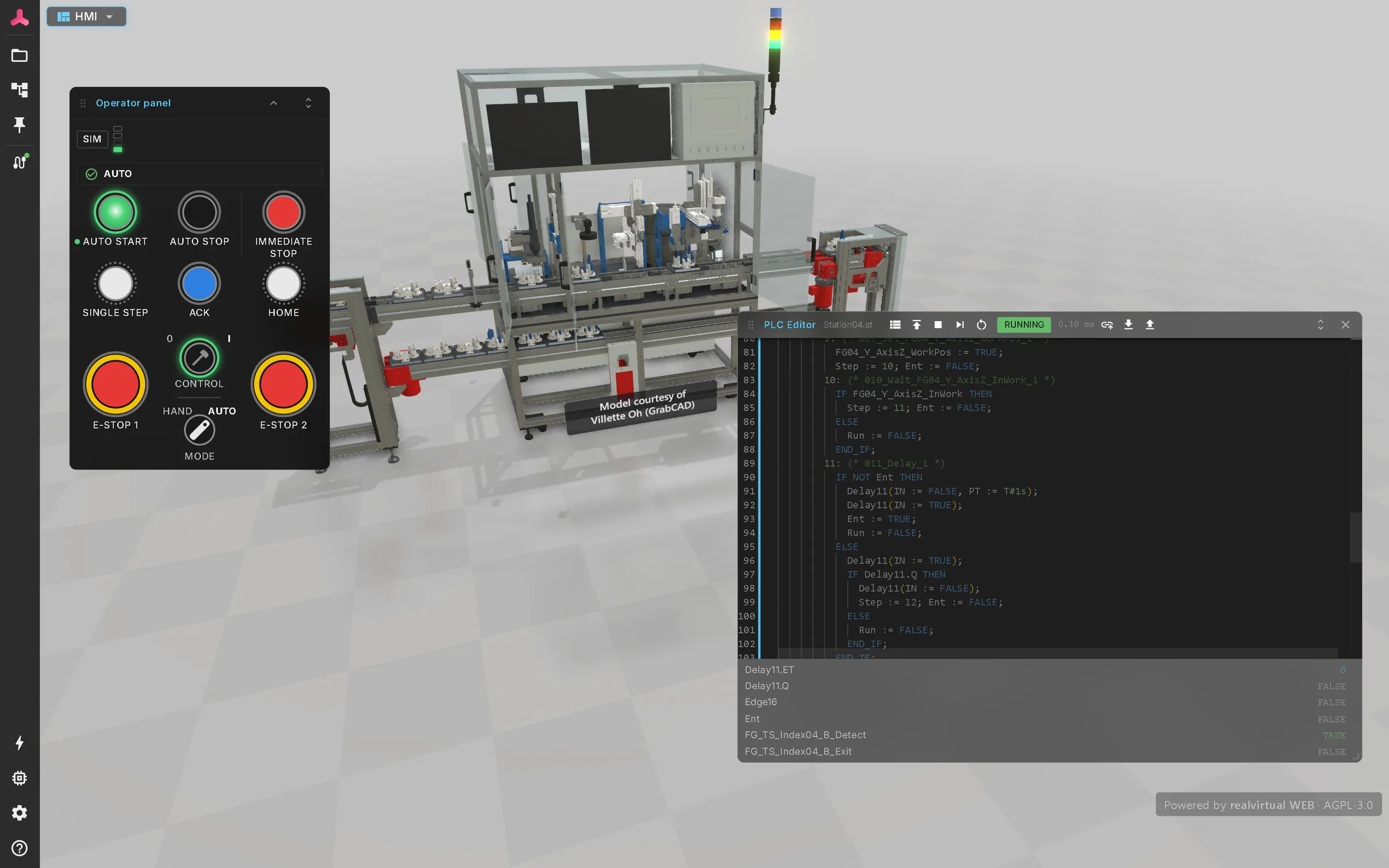 realvirtual：内蔵の仮想 PLC 上の IEC 61131-3 Structured Text プログラムで制御されるレーザー溶接組立ライン。Web Operator Panel の横にライブ値付きの PLC エディタ