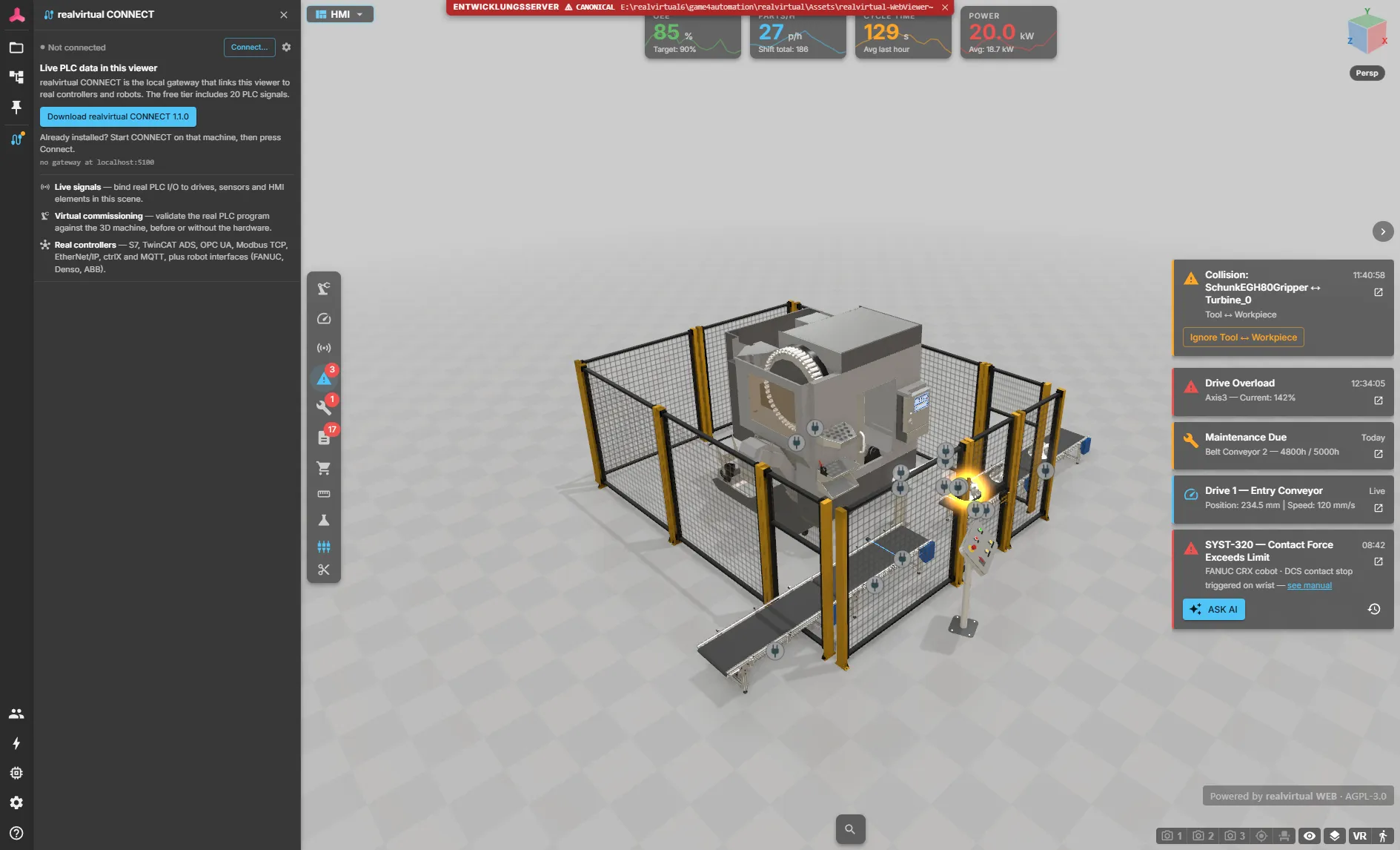 A collision between the gripper (Tool) and a workpiece: the card in the messages panel, the collided objects outlined in the 3D scene