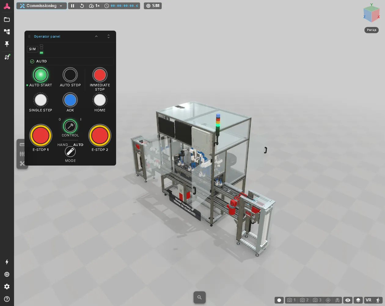 The Laser Welding Assembly Station in the Commissioning workspace: the Operator Panel in AUTO on the left, the simulation controls and the SIM button in the top bar