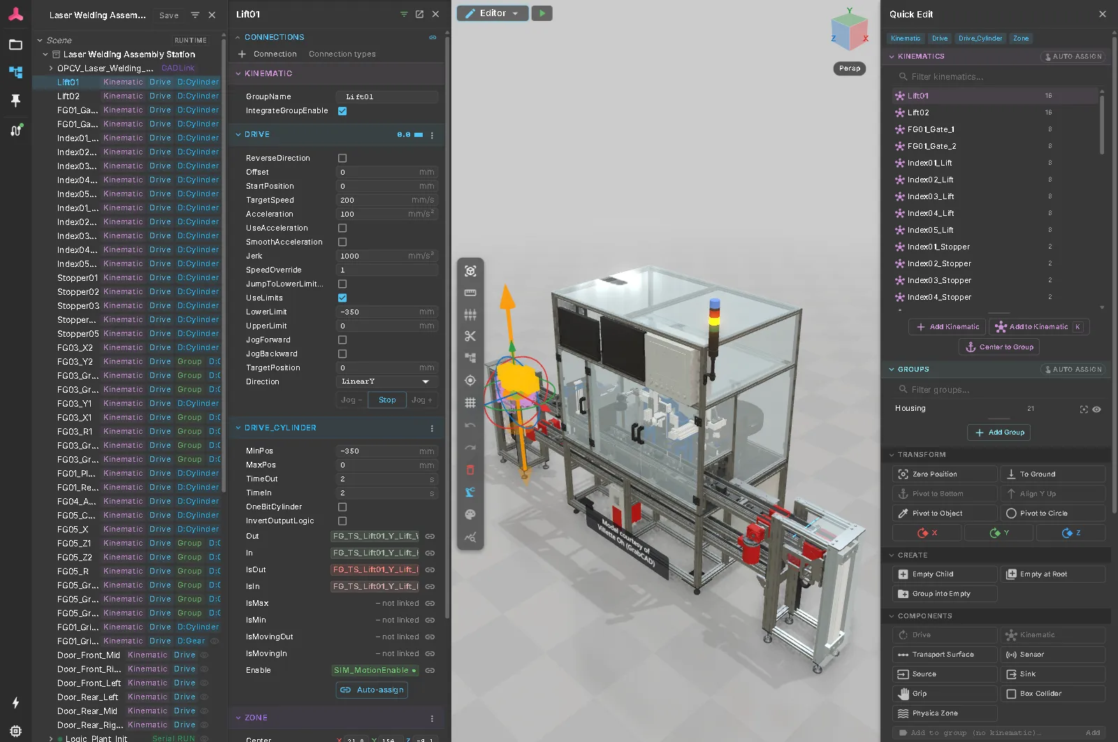 The Editor with the lift Lift01 of the Laser Welding Assembly Station selected: the hierarchy on the left, the property inspector with its Kinematic, Drive, Drive_Cylinder and Zone sections, the move gizmo on the lift in the 3D view and Quick Edit on the right