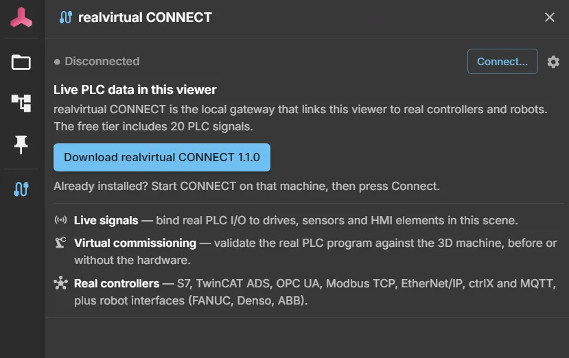 The CONNECT panel of a viewer with no gateway to talk to — the download for CONNECT is right there