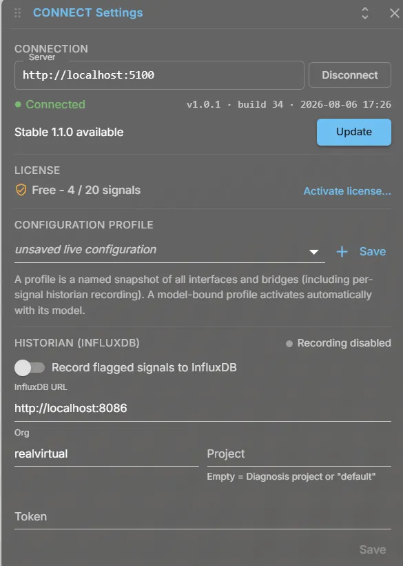 The CONNECT settings in the viewer: the running version and build, and the available stable build with its Update button
