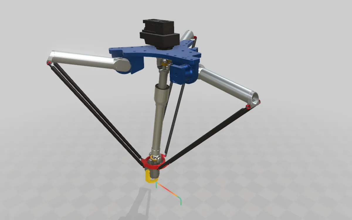 The Autonox DELTA RL5-1900 delta robot with its blue base, three upper arms, parallelogram rods and the travelling plate, and the programmed path drawn below it