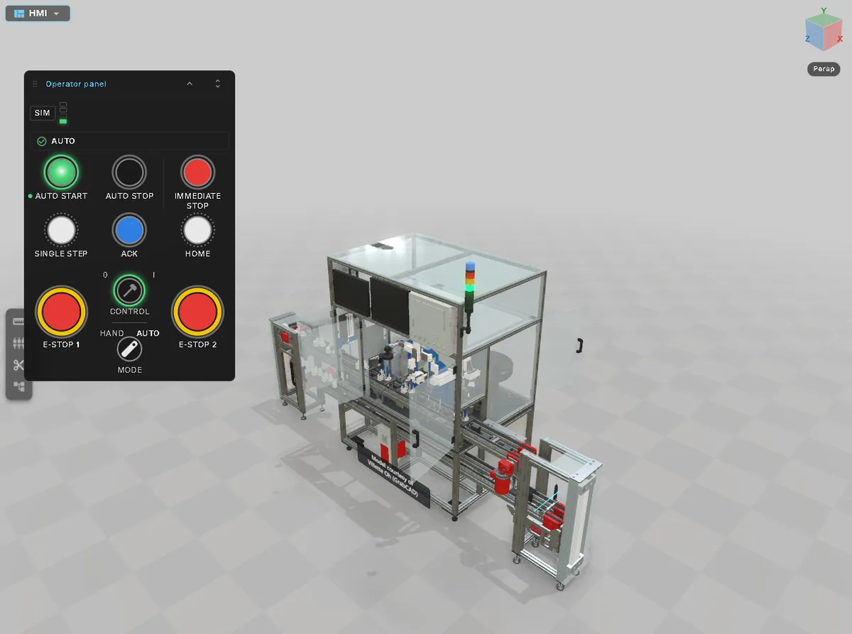 The Laser Welding Assembly Station in HMI mode: the station with its signal tower and pallet conveyors, and the Operator Panel window with Auto Start, Auto Stop, Immediate Stop, Ack, Home, the control and mode switches and two E-stops