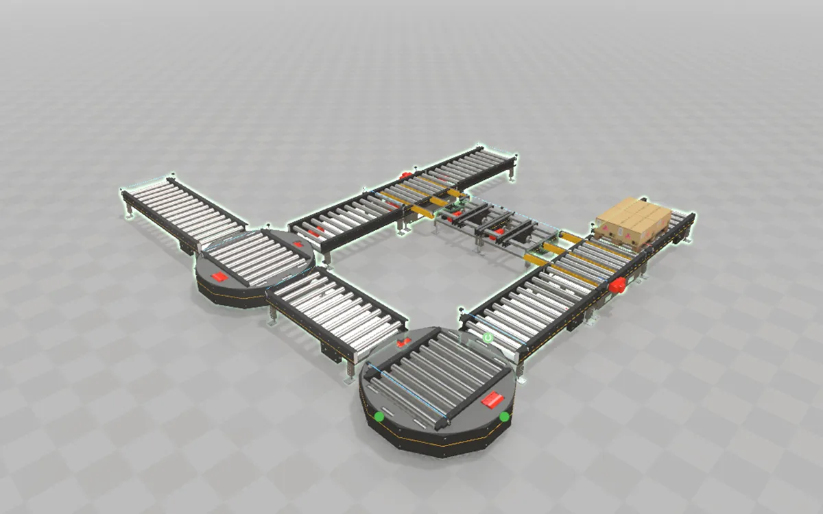 The Layout Planner Demo: a loop of roller conveyors, chain transfers and two turntables with a loaded Europallet, and the realvirtual Library panel on the right