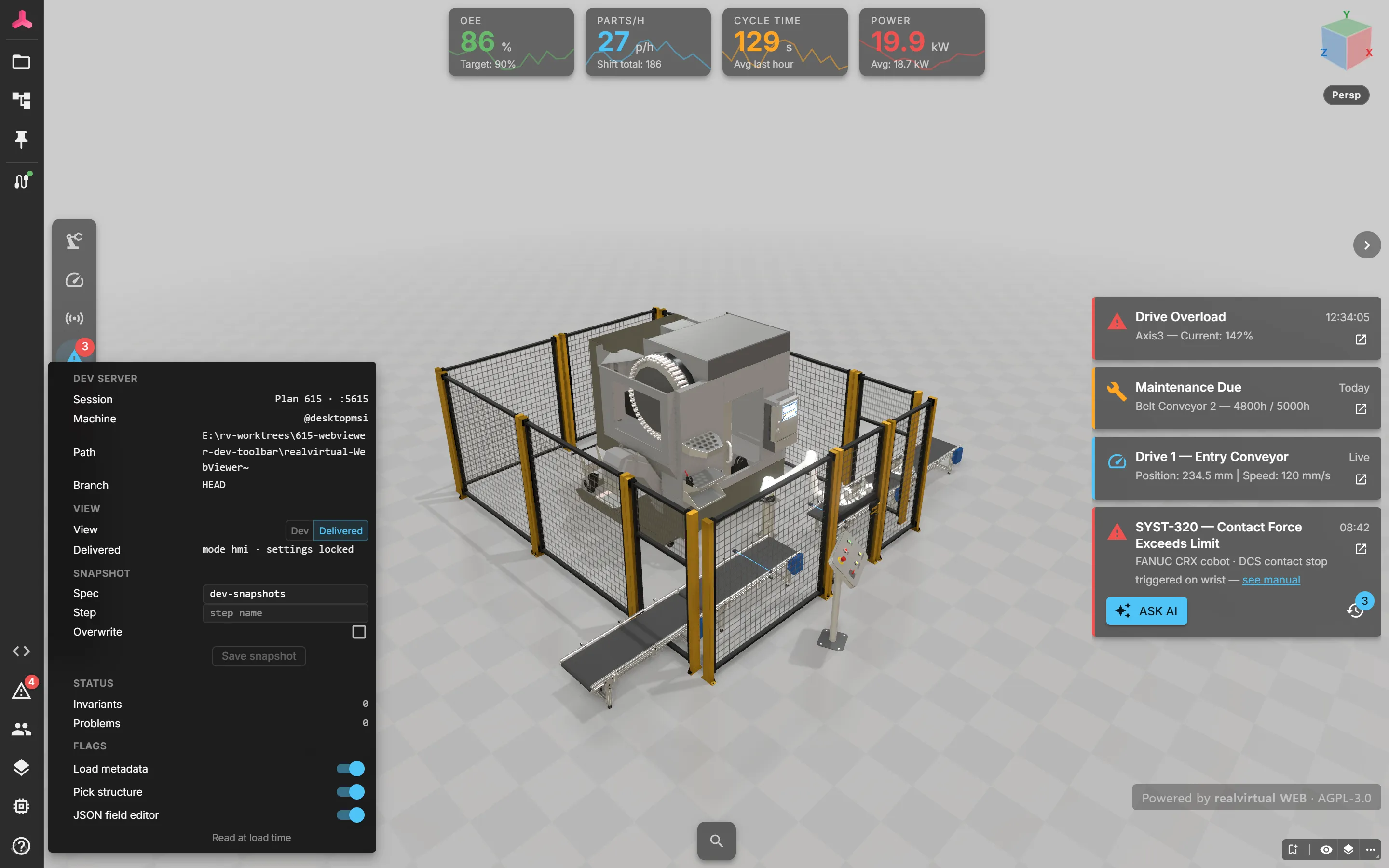 The demo scene in the delivered view: HMI mode with the delivered set of panels, and the dev button still in the activity bar with its popover open and Delivered selected as the way back