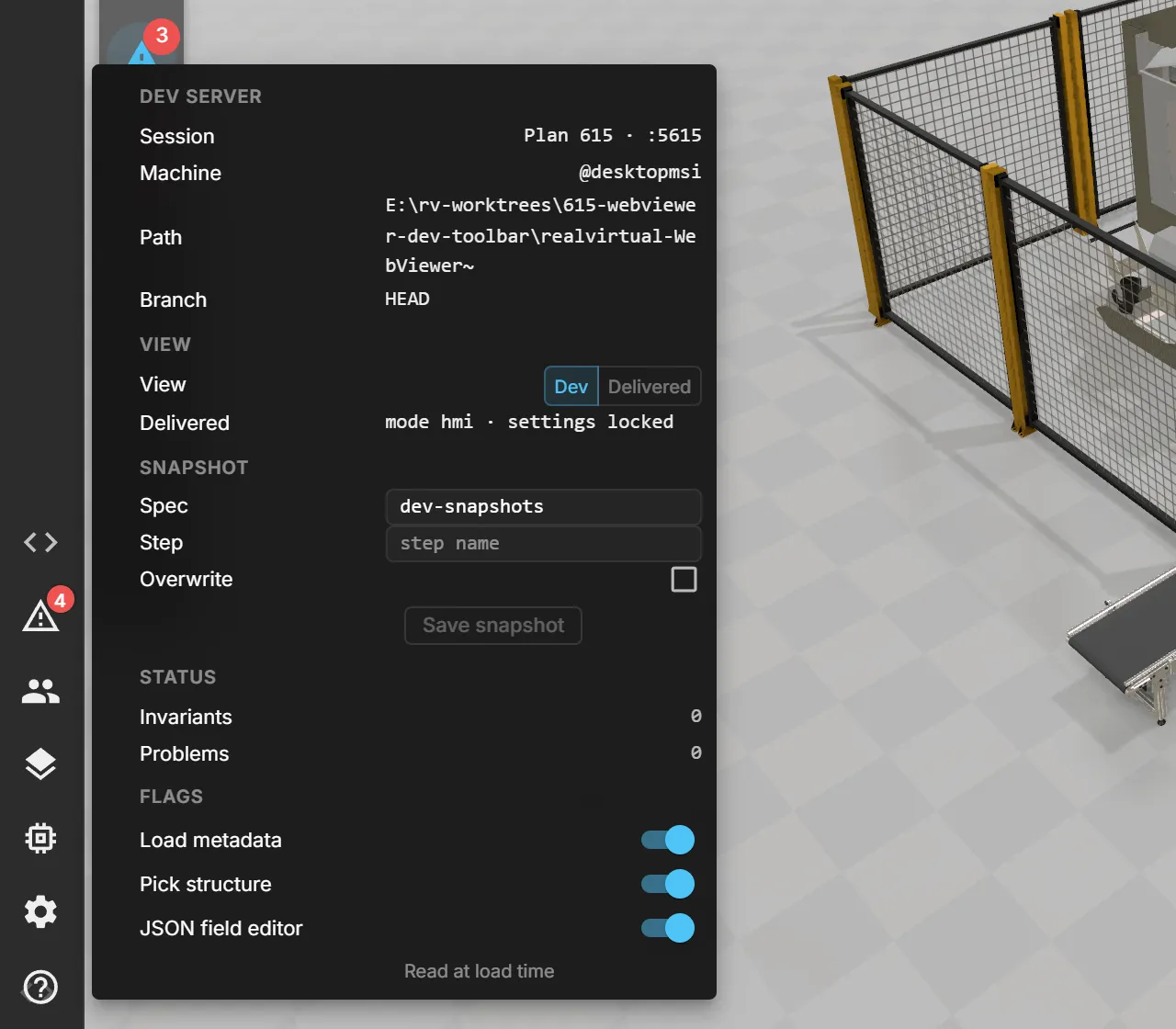 The dev toolbar popover opened from the code button at the bottom of the activity bar: the dev server section with session, machine, worktree path and branch, the Dev/Delivered view switch, the snapshot fields, the status counters and the load-time flags