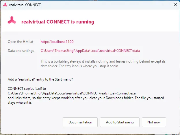 The first-start window: viewer address, data folder and the Start-menu question