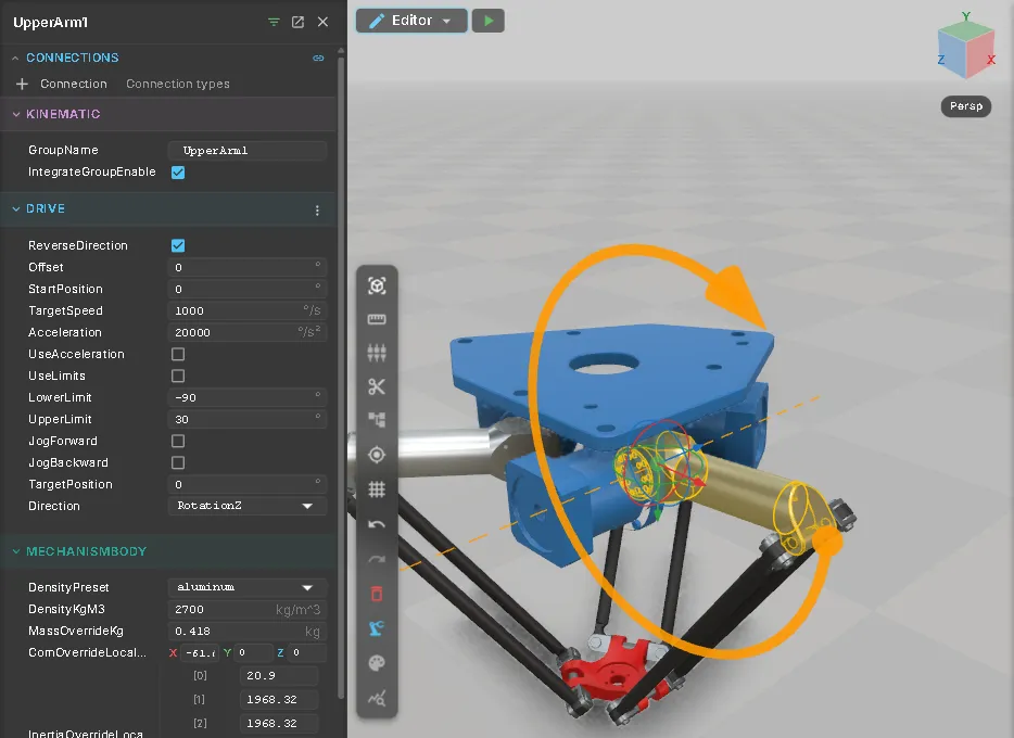 The finished UpperArm1 axis: the inspector shows the Drive with Direction RotationZ, limits from −90° to 30° and speed in degrees per second, and the 3D view draws the rotation axis through the gearbox shaft with the turning direction around it