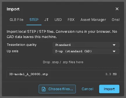 The STEP tab of the import dialog with the DELTA robot file selected: tessellation quality Standard, up axis Z-up, and the note that conversion runs in the browser