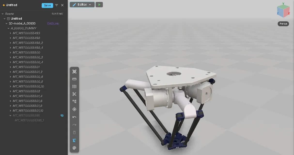 The DELTA robot after import and orientation fix: the hierarchy lists the original CAD part numbers under the CADLink node, with the work-envelope node MT_WST00055395 switched off before it is deleted