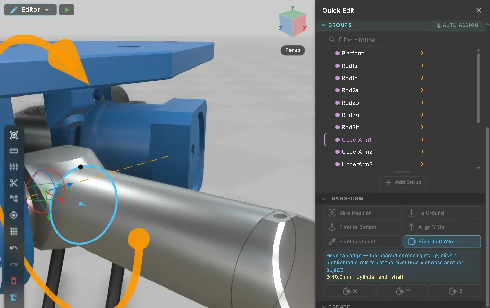 Pivot to Circle on the upper arm: the arm is framed, the 40 mm hub circle at the gearbox end is highlighted, and Quick Edit names the feature it found — Ø 40.0 mm, cylinder end, shaft