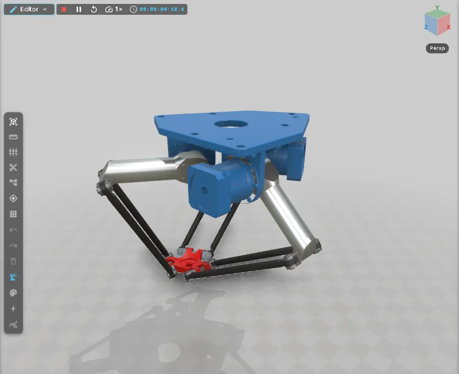 A test run of the finished DELTA asset: all three upper arms drive the rods, and the travelling plate moves with them