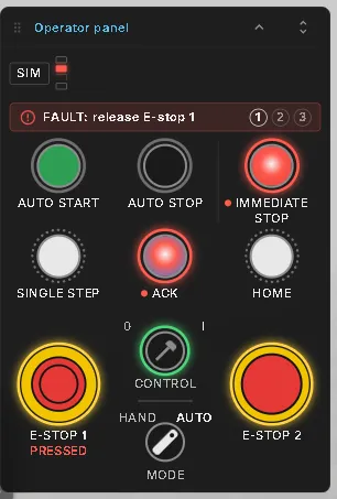 The same panel after E-stop 1 was pressed: the stack light is red, the status line reads FAULT: release E-stop 1 with the step counter 1 2 3, Immediate Stop and Ack are lit, and E-stop 1 shows PRESSED