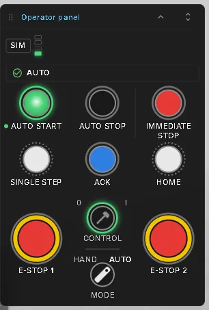 The Operator Panel of the Laser Welding Assembly Station: the SIM chip and a green stack light at the top, a status line reading AUTO, illuminated buttons Auto Start, Auto Stop, Immediate Stop, Single Step, Ack and Home, a key switch and a Hand / Auto mode knob, and two E-stops