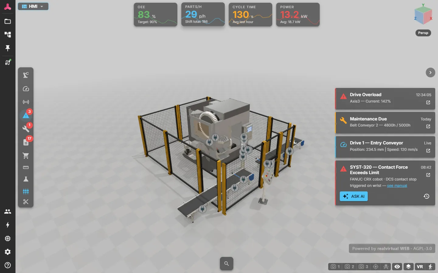 The bundled realvirtual WEB HMI served by CONNECT — machine, KPIs and live alarms in the browser