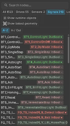 The hierarchy of the Laser Welding Assembly Station filtered to its 213 signals: TIA-style names such as BT4_AutoStart and FG_TS_Index01_B_Detect, each with a chip showing direction, type and value — PLC outputs in green, PLC inputs in red