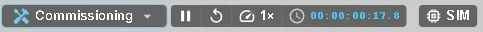The top bar in Commissioning mode: the workspace selector, pause, reset, speed and simulation clock, and on the right the mode button reading SIM