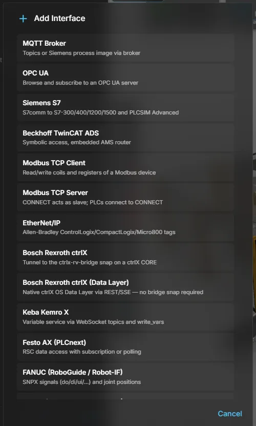 Choosing an interface type in the CONNECT panel