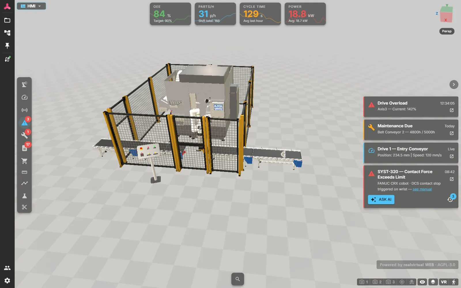 The machine information system in the viewer: key figures along the top, machine messages on the right with a direct route into AI diagnosis