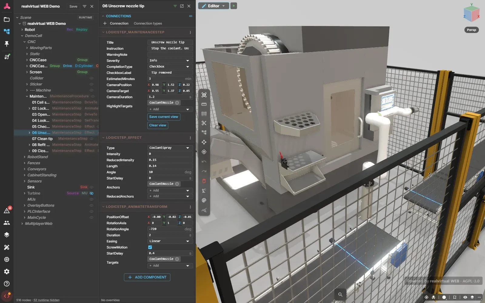 The Web Editor with the Maintenance node and its nine steps in the hierarchy, and the inspector of step 06 Unscrew nozzle tip showing the step fields, the Save current view and Clear view buttons, and the LogicStep_Effect and LogicStep_AnimateTransform actions